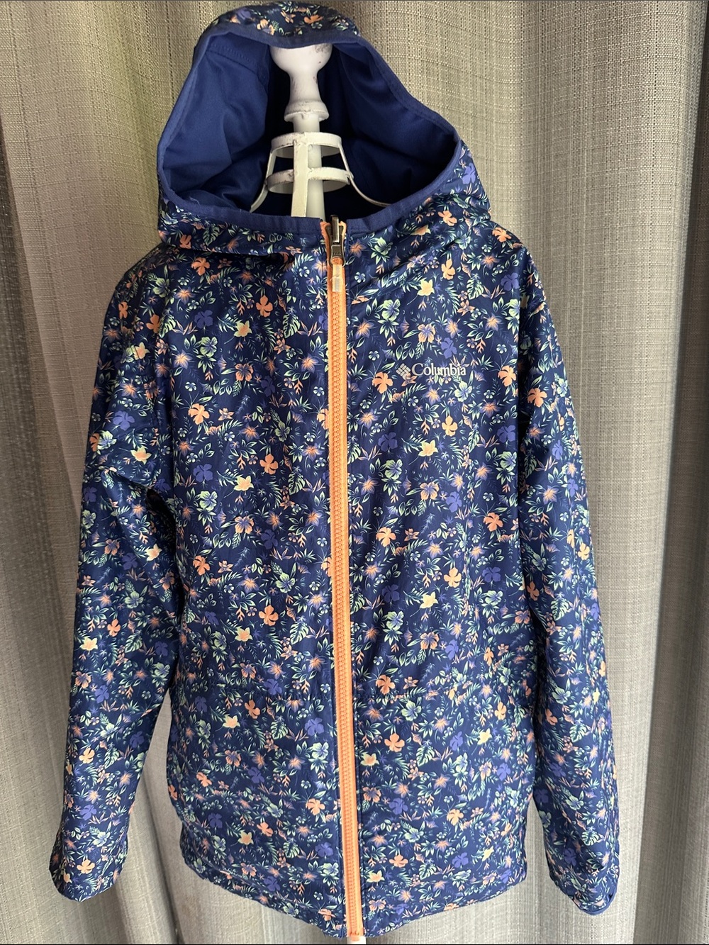 Columbia Navy Floral Hooded Raincoat with Peach Zipper